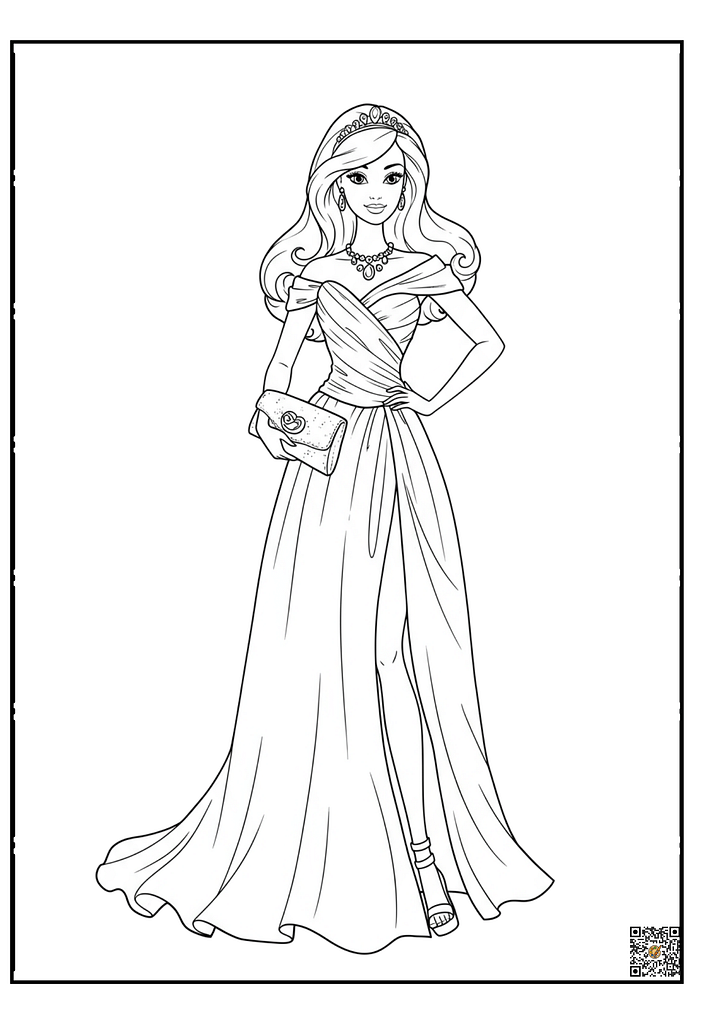 cute barbie in a evening gown with clutch for girls coloring page