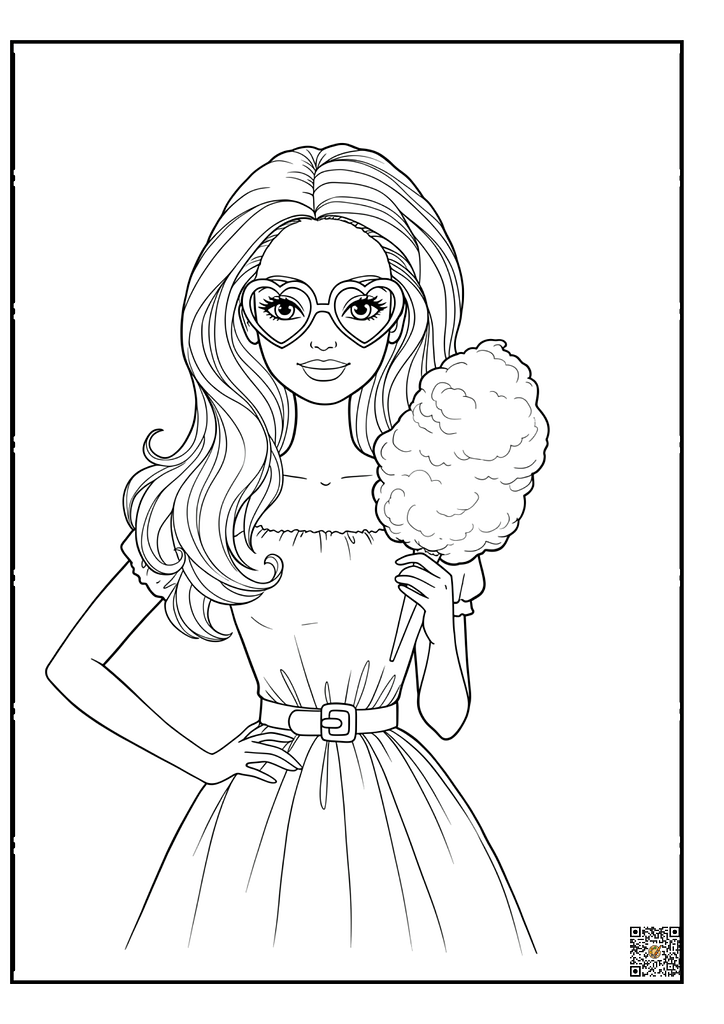 Barbie with heart-shaped glasses holding cotton candy coloring sheet