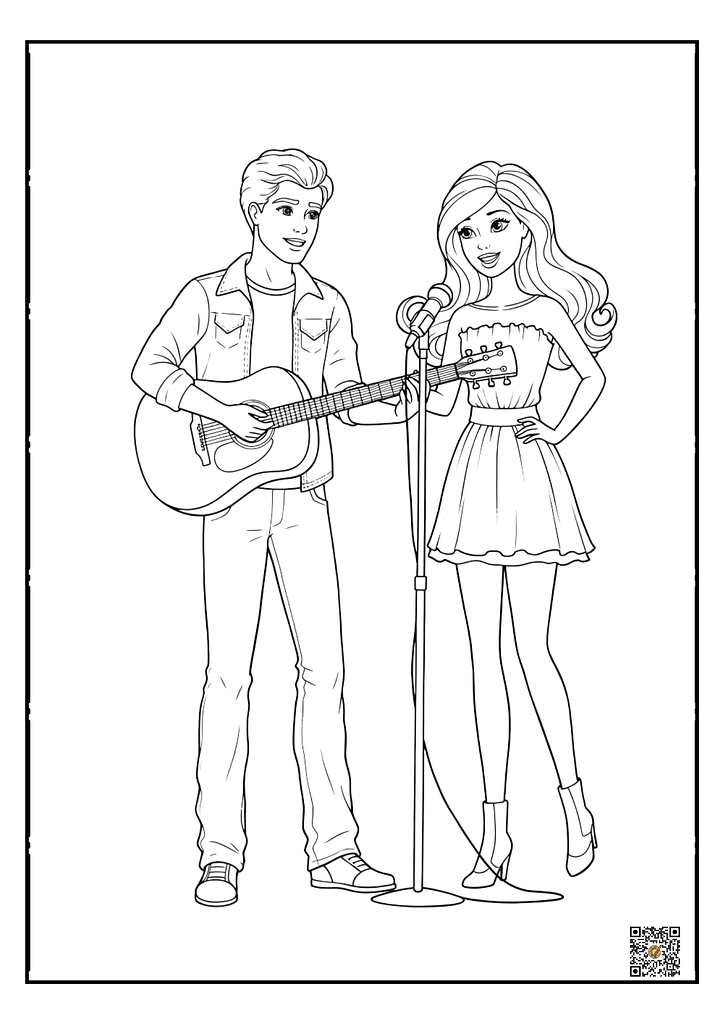 Barbie and ken with electric guitar in stylish outfit coloring page