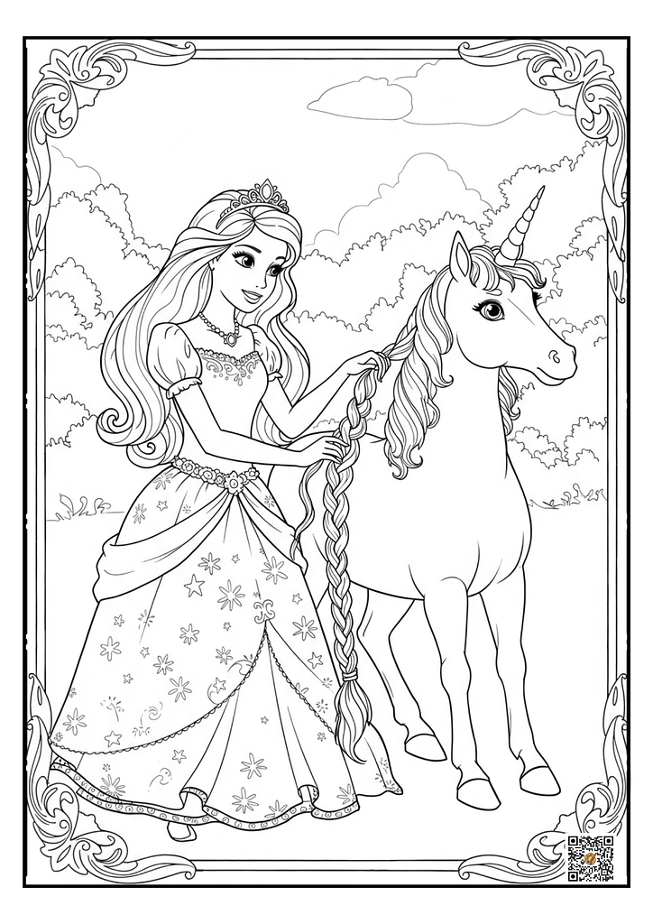 Fantasy Barbie with long hair and unicorn coloring page