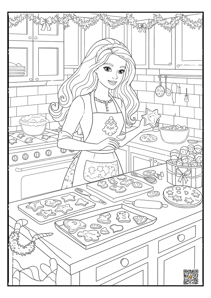Barbie baking Christmas cookies coloring page