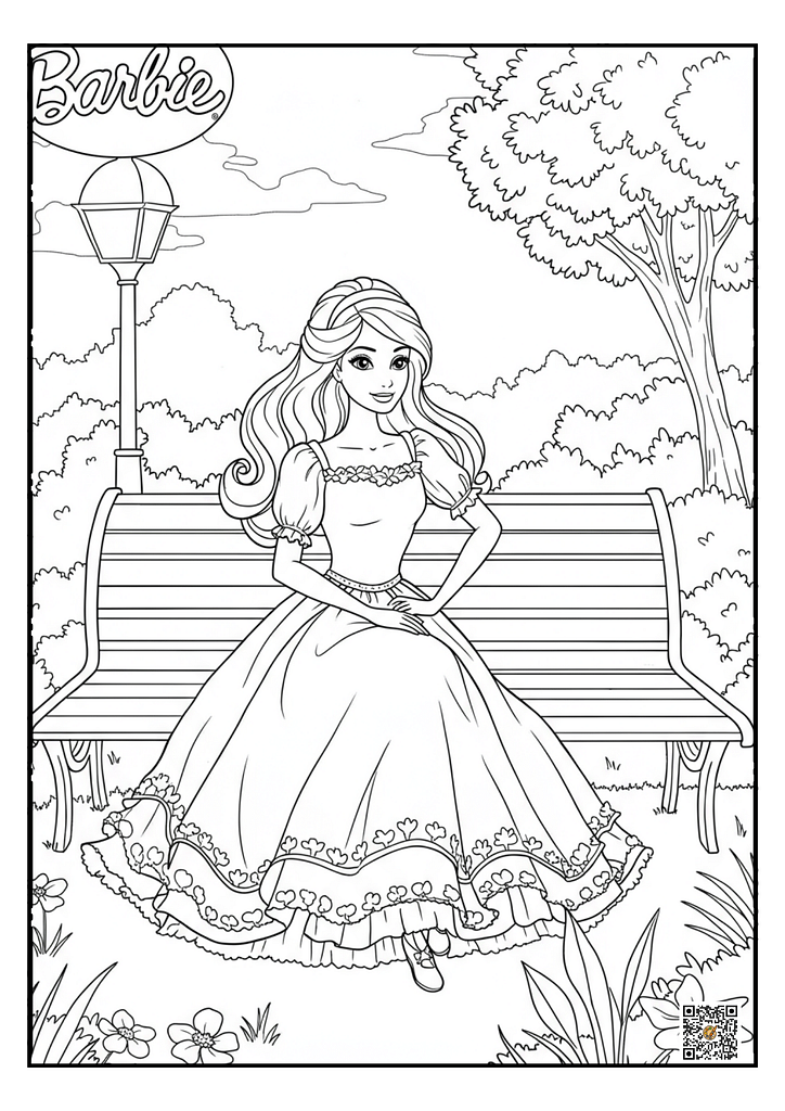 Barbie sitting on a bench in a simple park setting coloring page