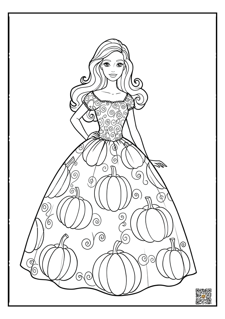 Barbie in a pumpkin-themed dress coloring page
