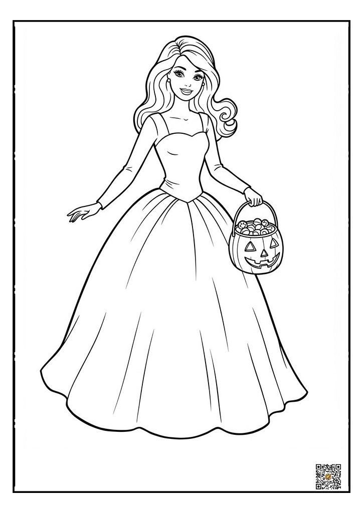 Barbie witch with candies trick or treat coloring page