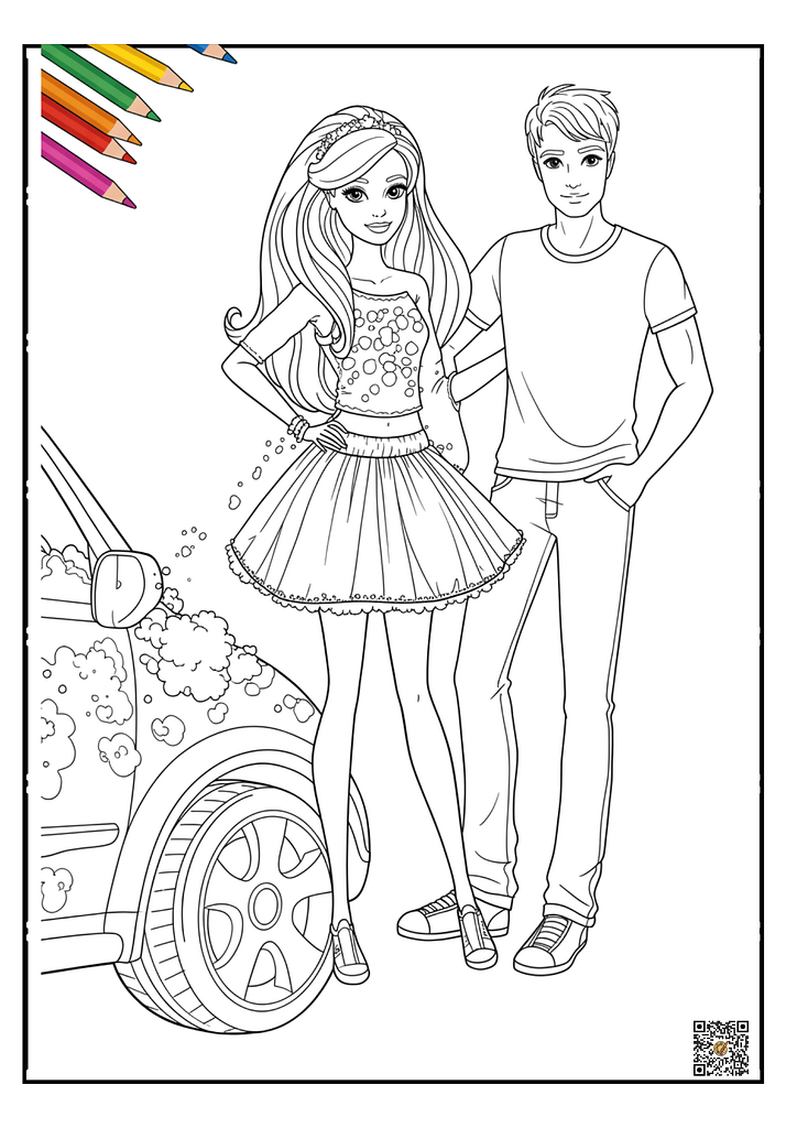 arbie and Ken at the beach with surfboard coloring page