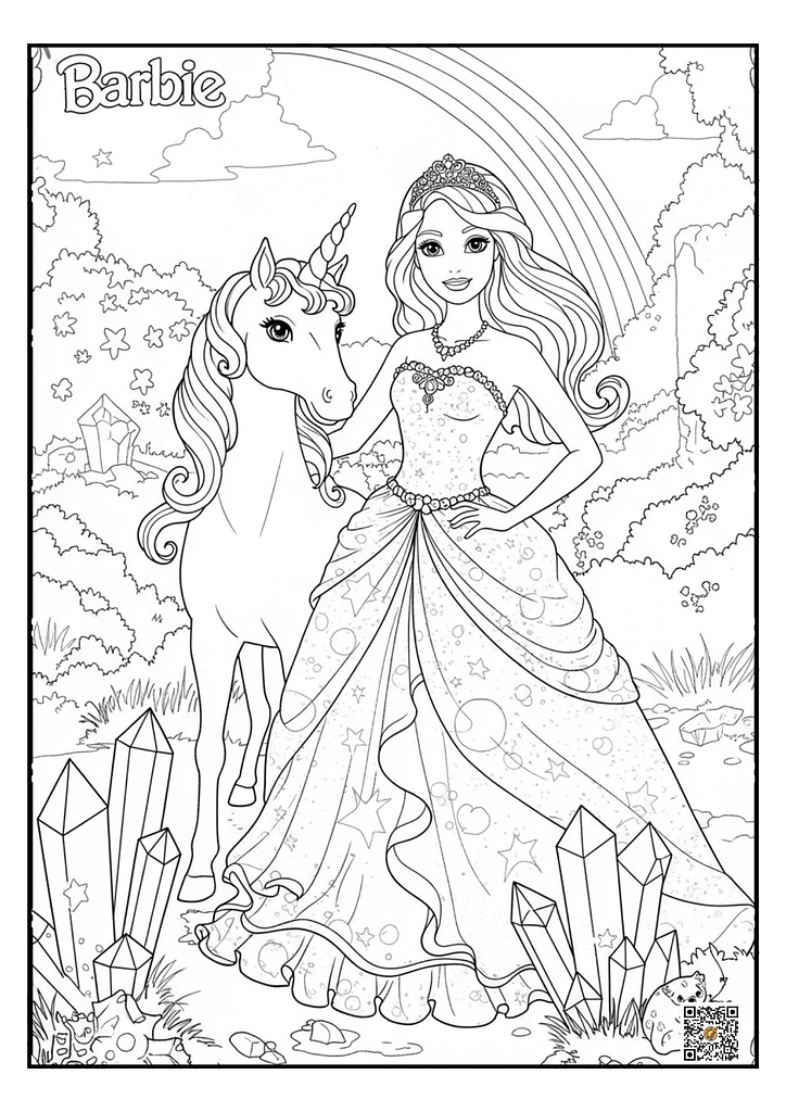 Barbie smiling while petting a unicorn coloring page
