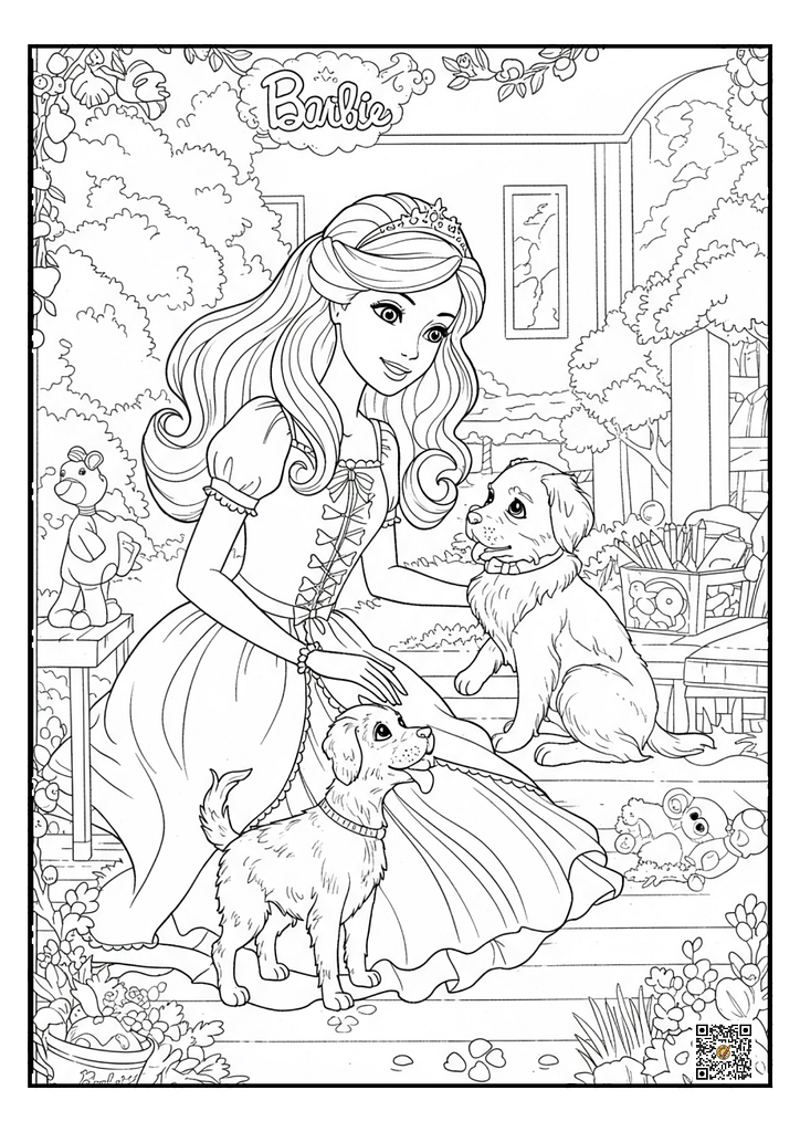 Barbie and her pet in birthday outfits coloring page