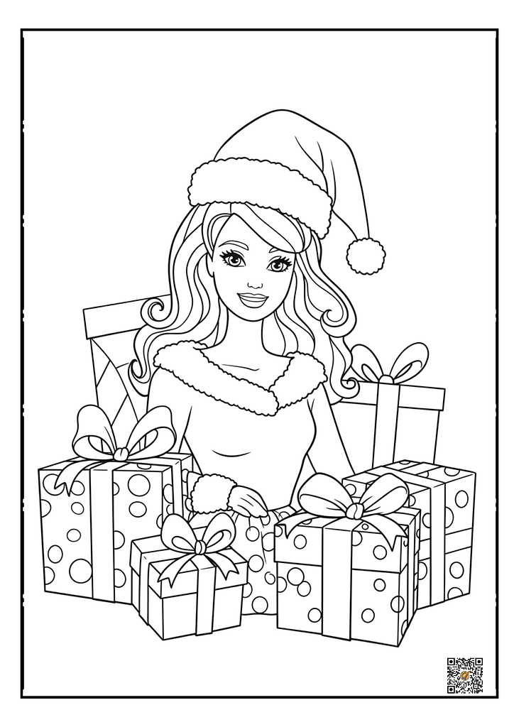 Barbie carrying a Christmas gift sack coloring page