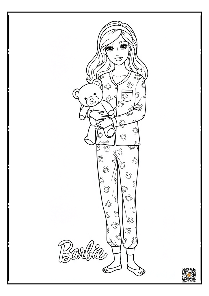 Barbie in pajamas holding a teddy bear coloring page