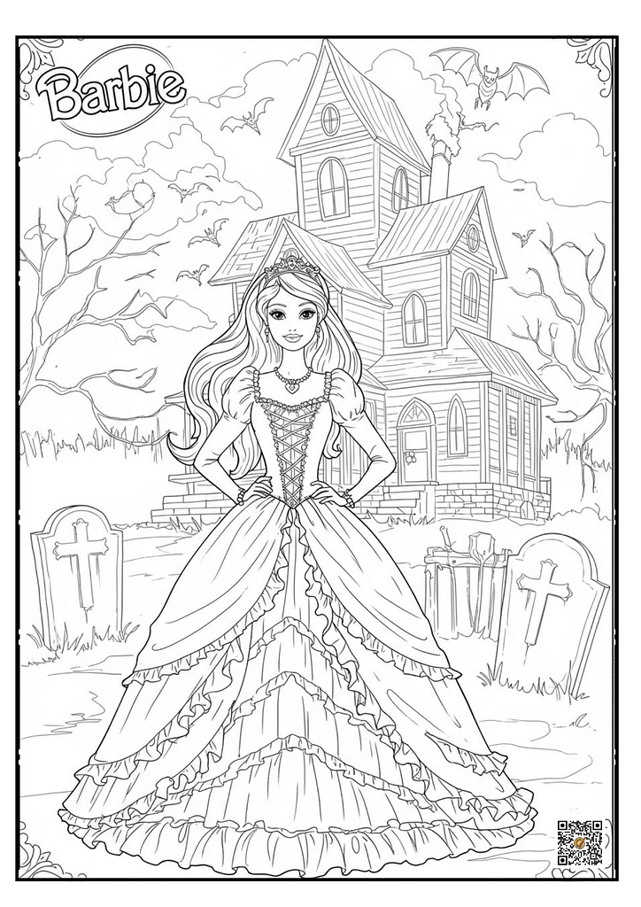 Barbie dancing in Halloween spooky night coloring page