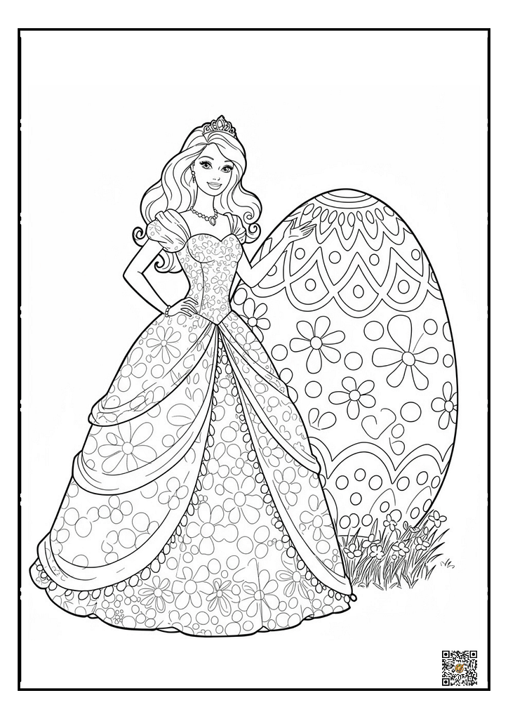 Barbie standing beside a giant decorated egg