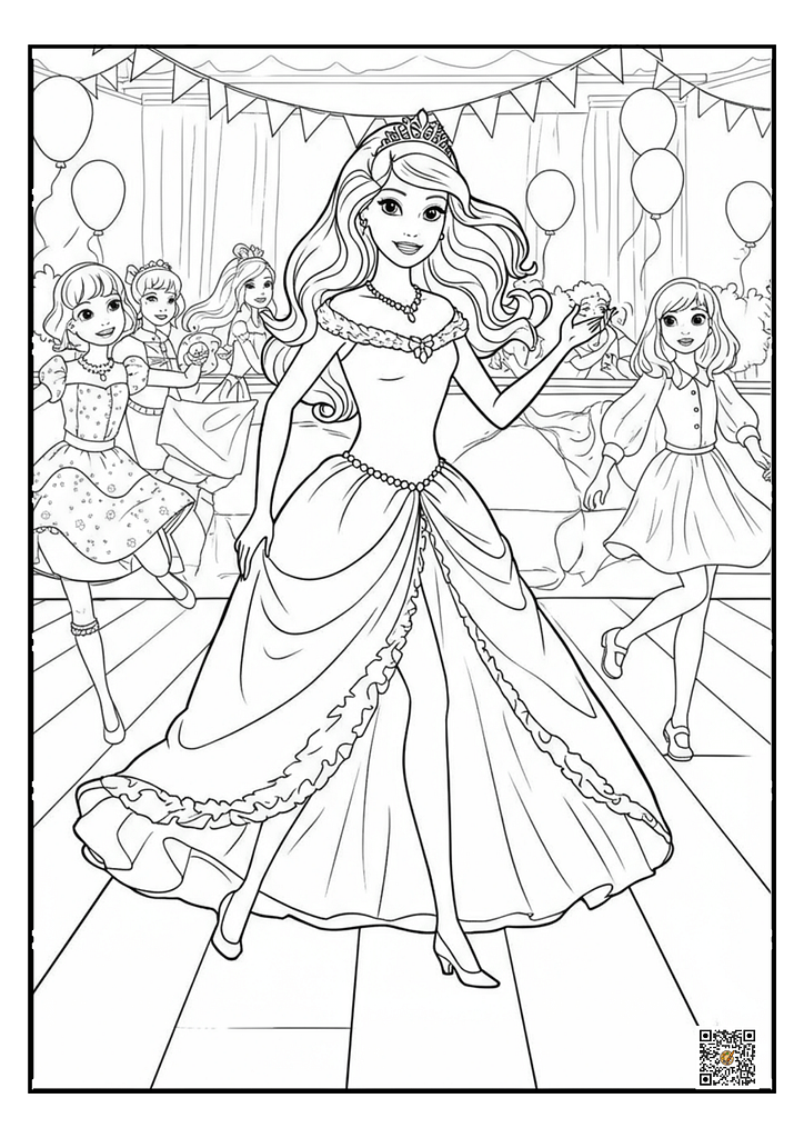 Barbie and friends dancing at her party COLORING PAGE
