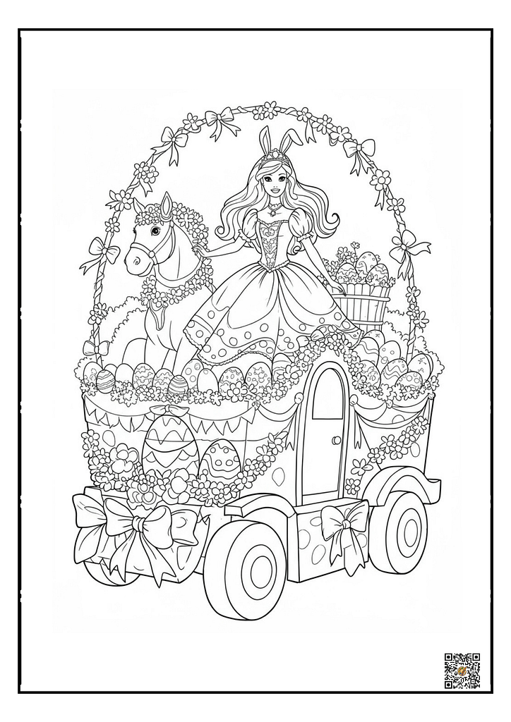 Barbie riding on an Easter parade float COLORING SHEET 
