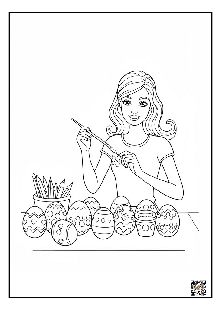 Barbie painting colorful Easter eggs coloring page