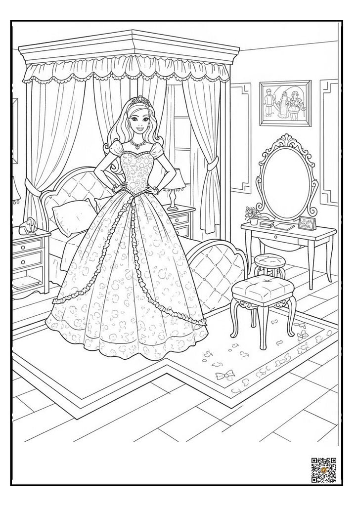 Barbie in a dollhouse bedroom coloring page