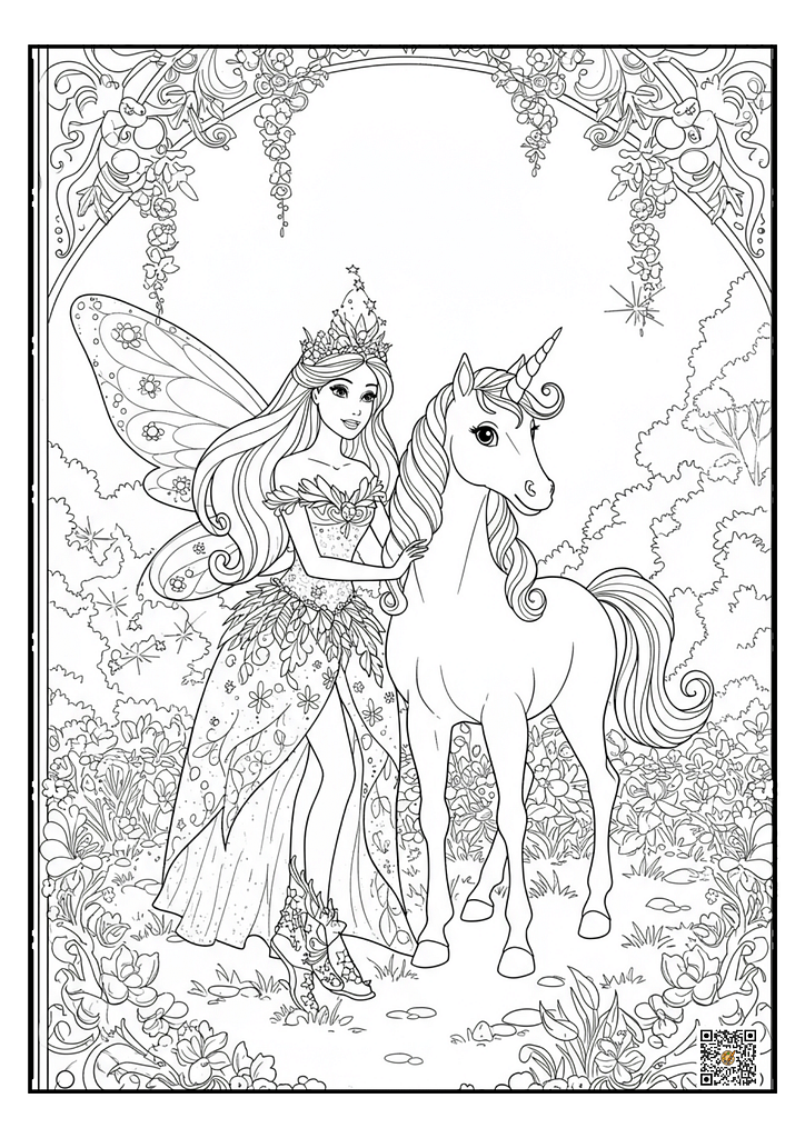 Barbie gently touching a magical unicorn coloring page