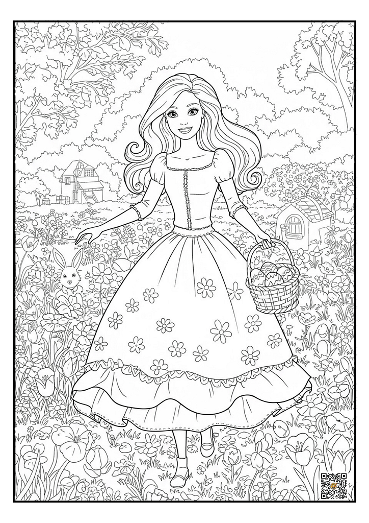 Barbie in a princess dress holding an Easter basket coloring page