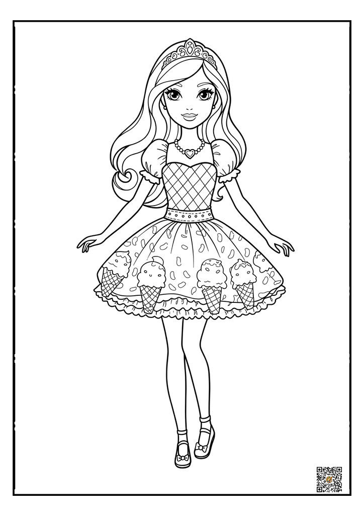 cute barbie with elegant dress for girls coloring page