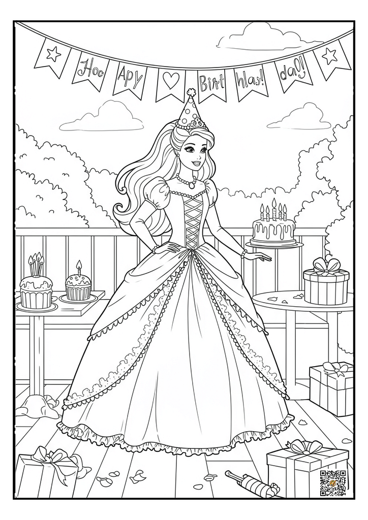 Barbie celebrating birthday with cake and balloons coloring page