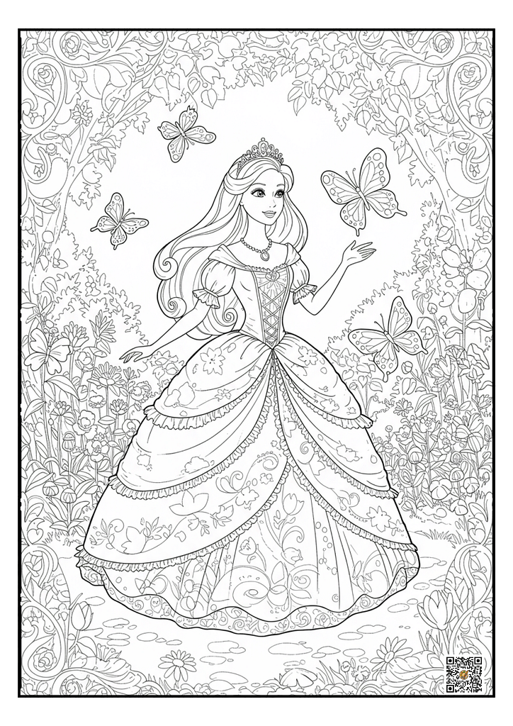 Barbie with butterflies in a flowing dress coloring page
