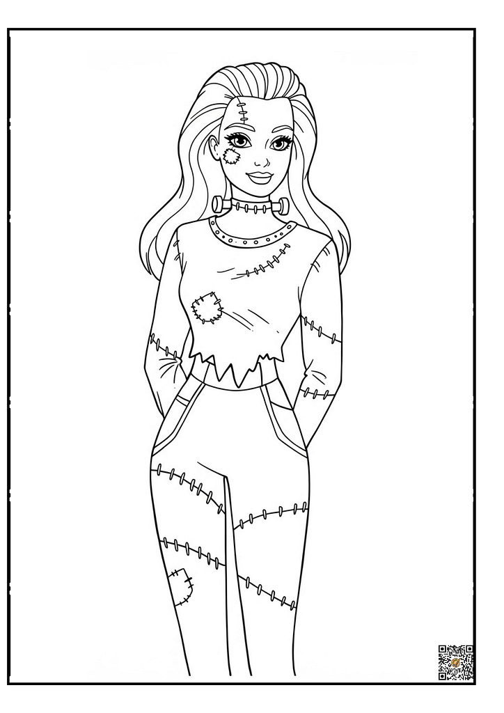 Vampire Barbie with fangs Halloween coloring page