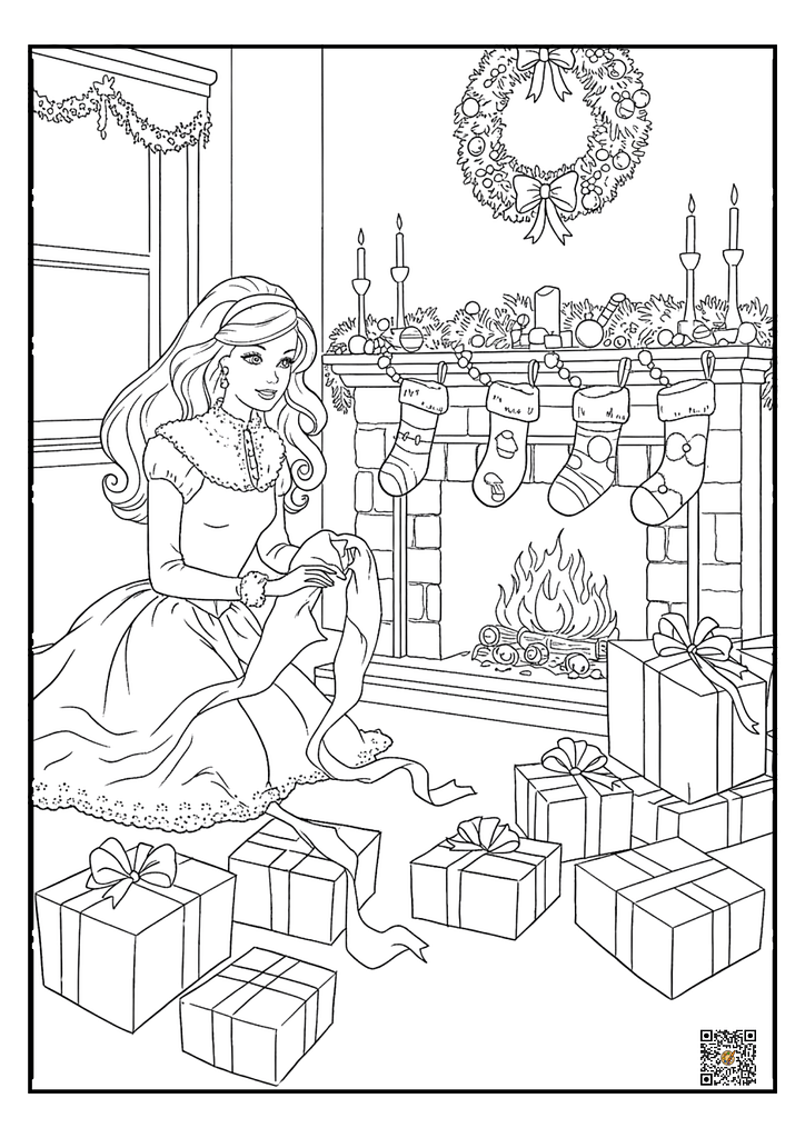 Happy Christmas Barbie with presents coloring page