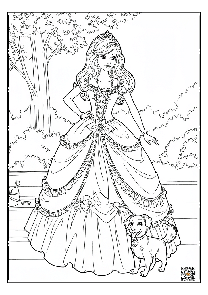 Barbie standing with her pet dog coloring page