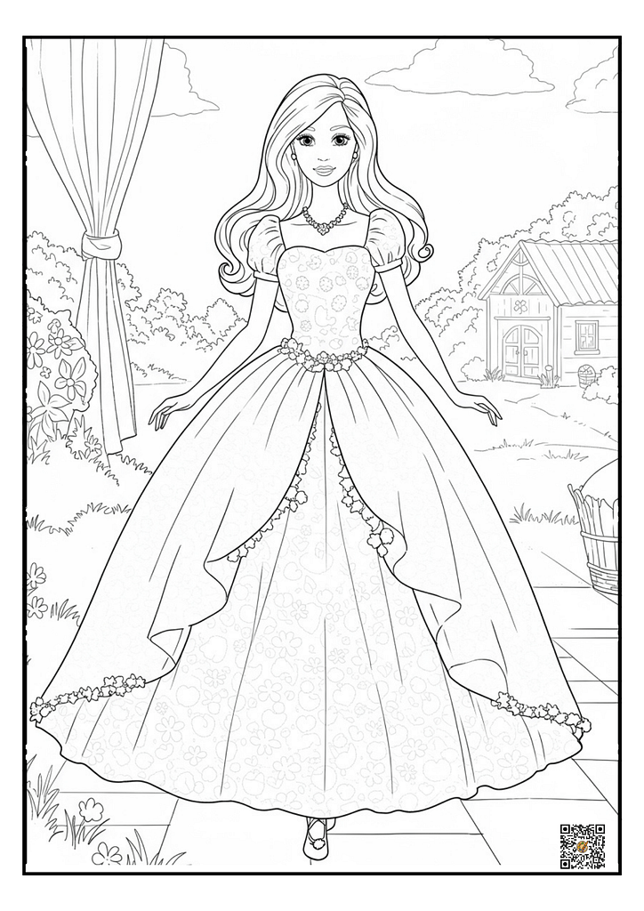 Barbie doll wearing a sleek fashion dress coloring page for girls