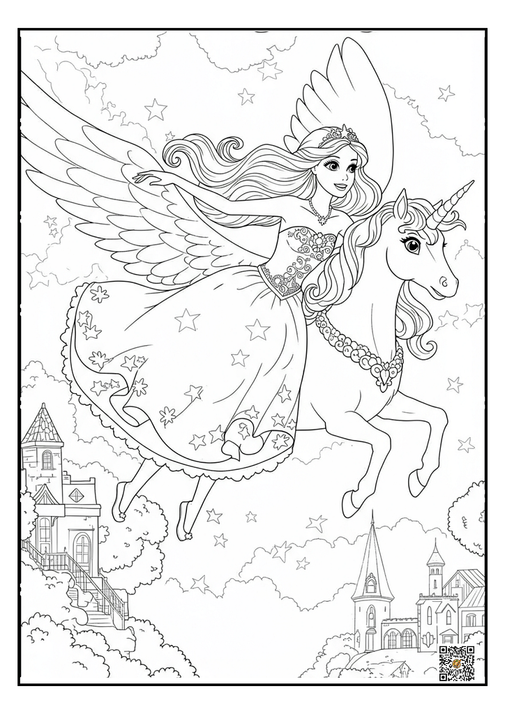 Barbie gently touching a magical unicorn coloring page