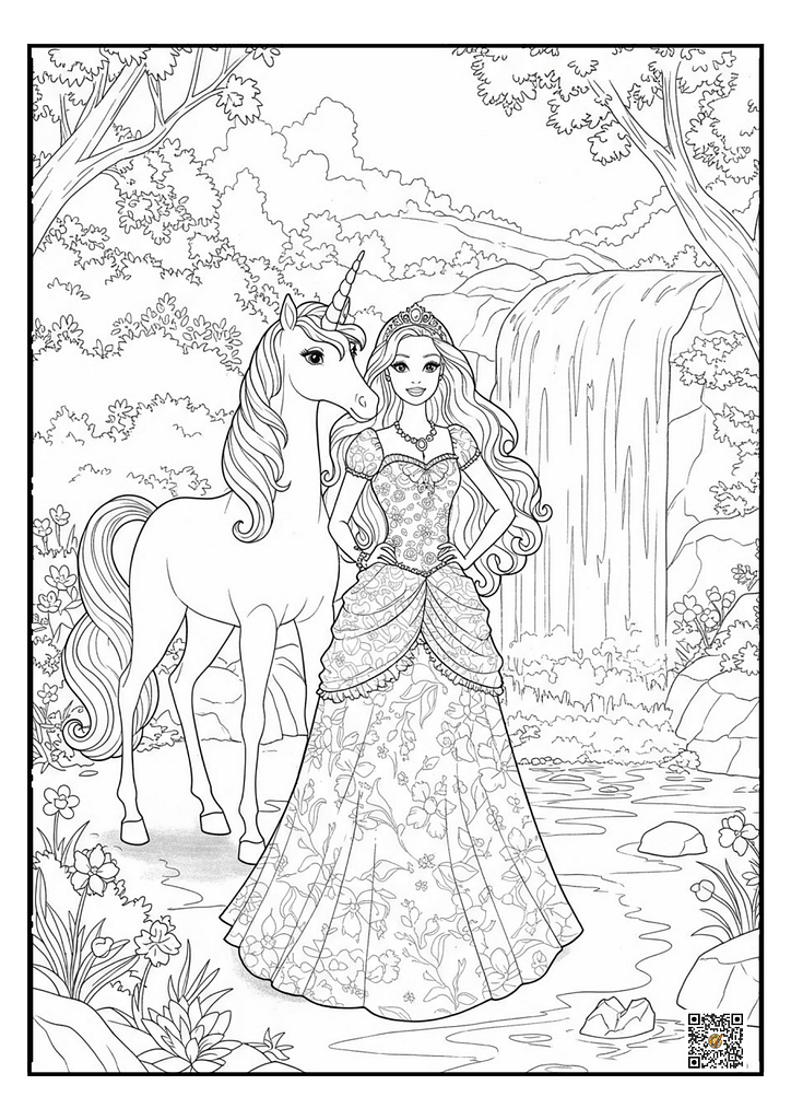 Barbie standing with a unicorn by a waterfall.