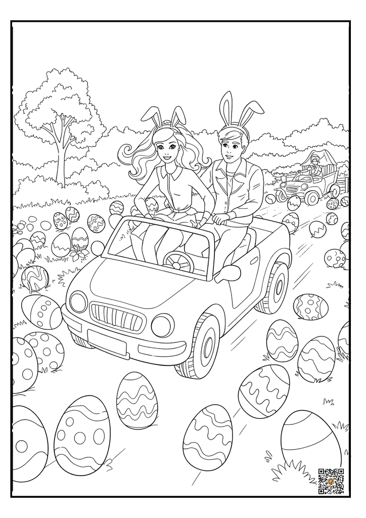 Barbie hunting for eggs in a garden COLORING PAGE