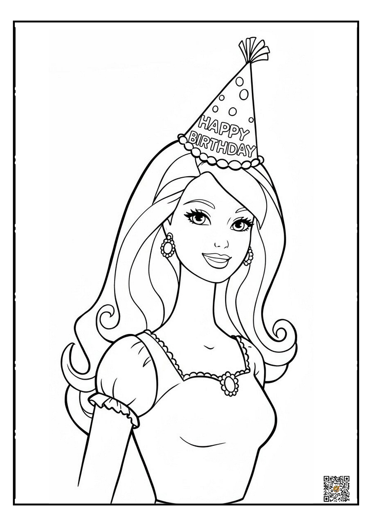 Barbie wearing a birthday hat COLORING PAGE