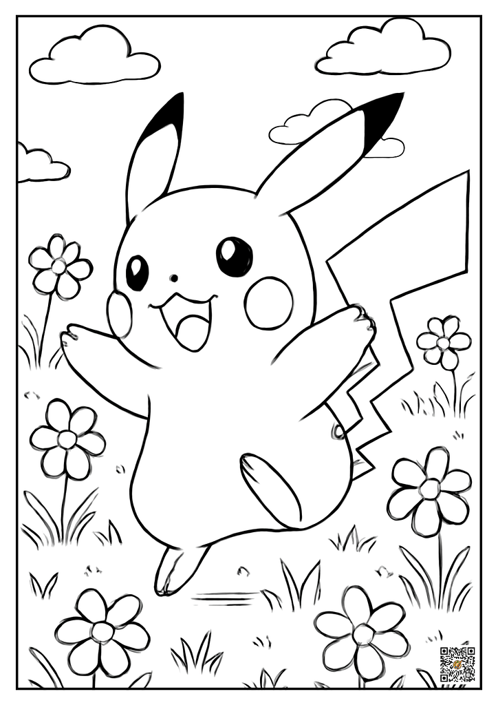 ikachu playing in a field coloring page