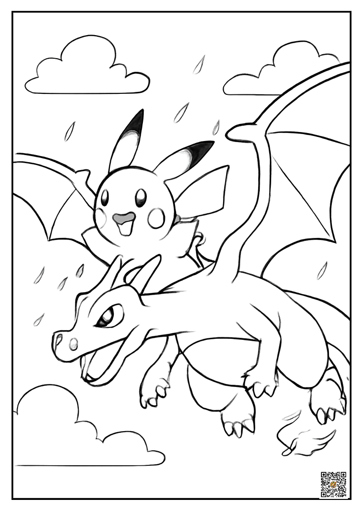 Pikachu flying alongside Charizard coloring page
