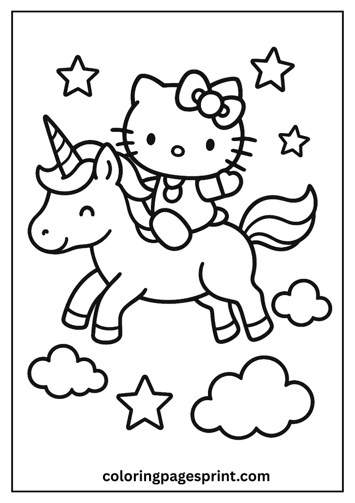 Hello Kitty unicorn rider coloring page