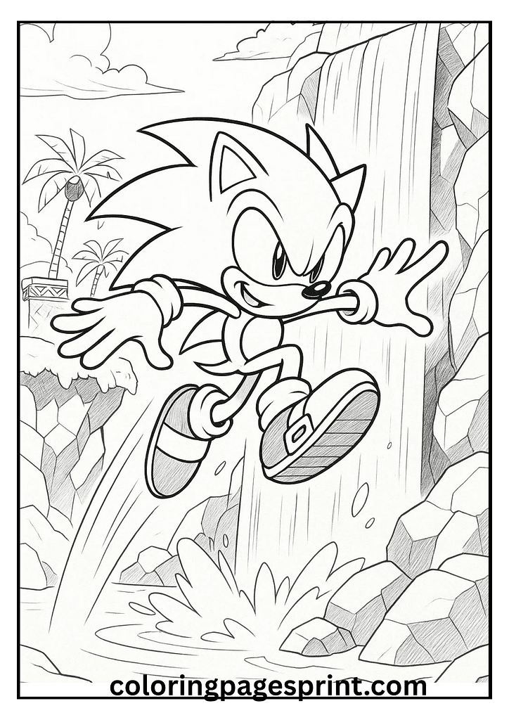 Sonic jumping waterfall coloring page