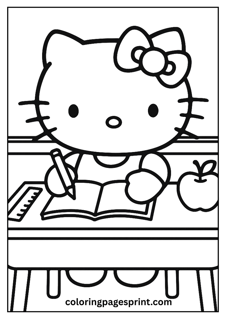 Hello Kitty school desk coloring page