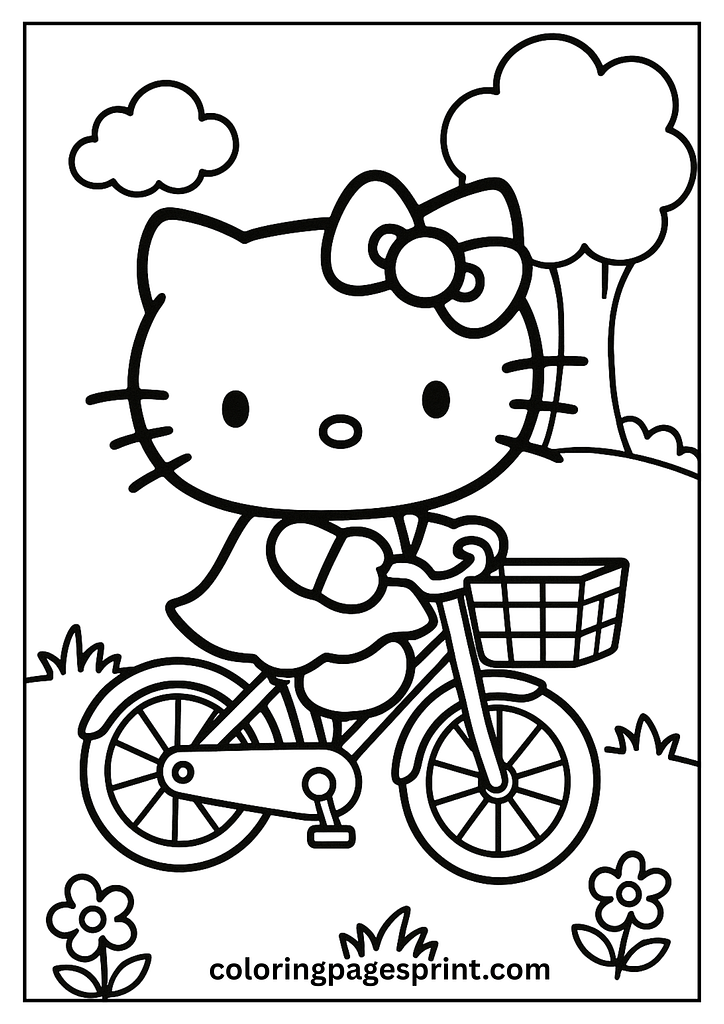 Hello Kitty riding a bike coloring page