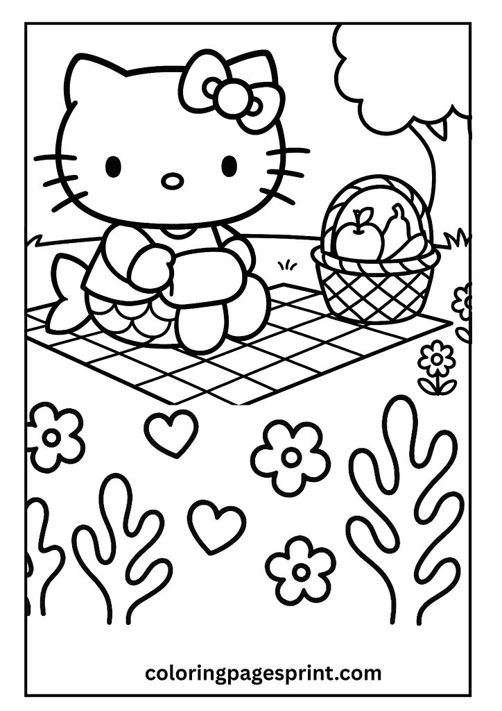 Hello Kitty picnic coloring page