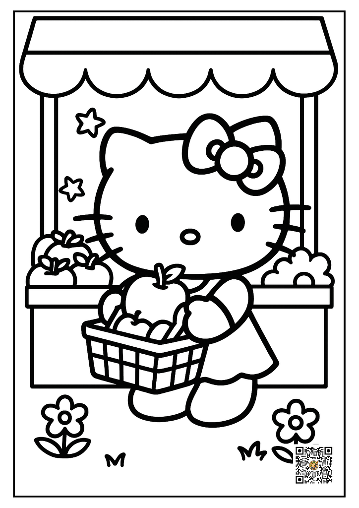 Hello Kitty shopping basket market coloring sheet