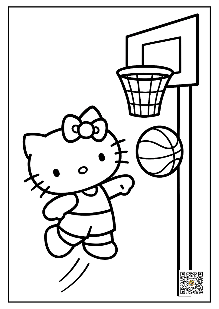 Hello Kitty basketball hoop shot coloring page