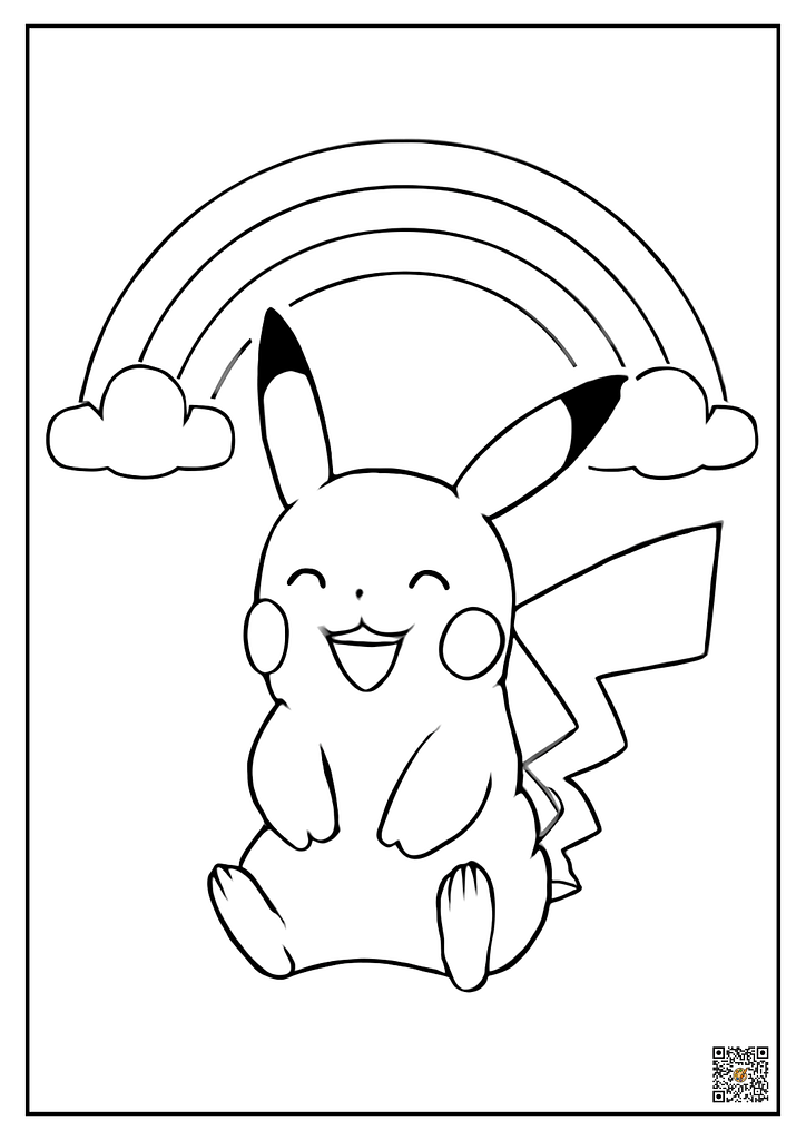 Pikachu smiling happily under a rainbow