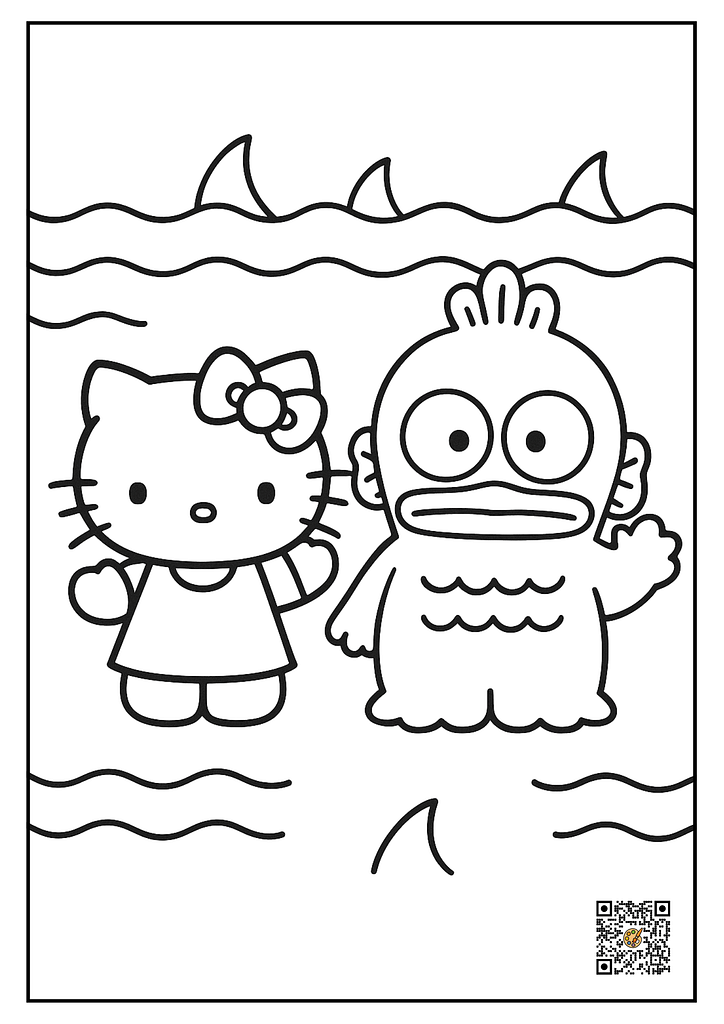 Hello Kitty & Hangyodon Waves coloring sheet