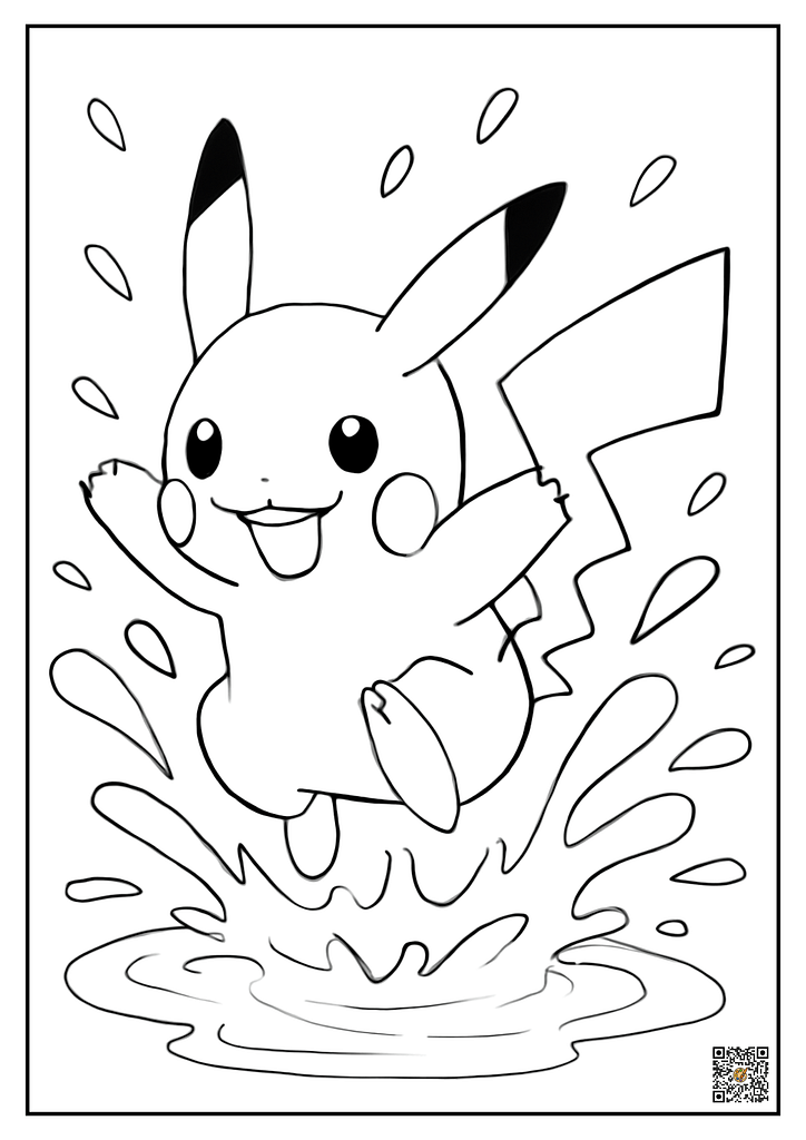 Pikachu jumping through a puddle coloring page