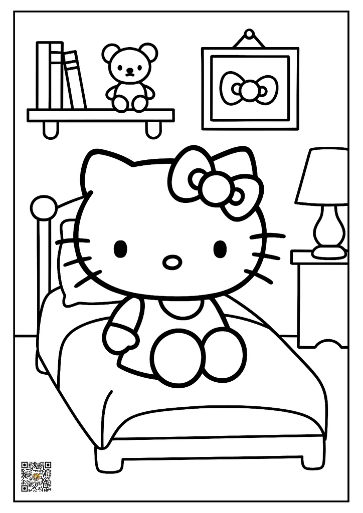 hello kitty in bedroom coloring page
