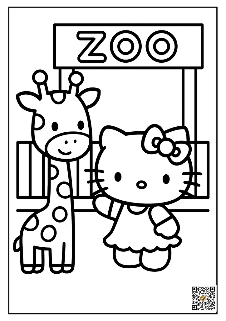 Hello Kitty Zoo Visit with Giraffe coloring page 