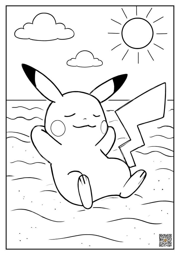 Pikachu relaxing on a beach coloring page