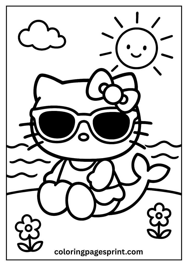 Hello Kitty beach sunglasses waves coloring page