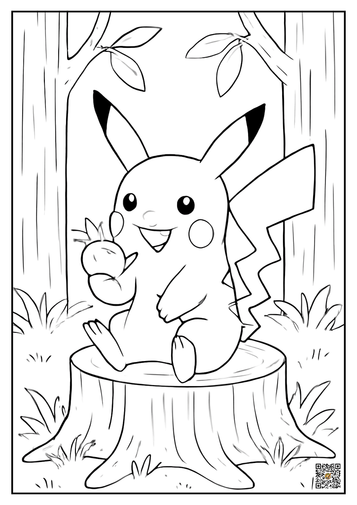 Pikachu sitting on a tree stump