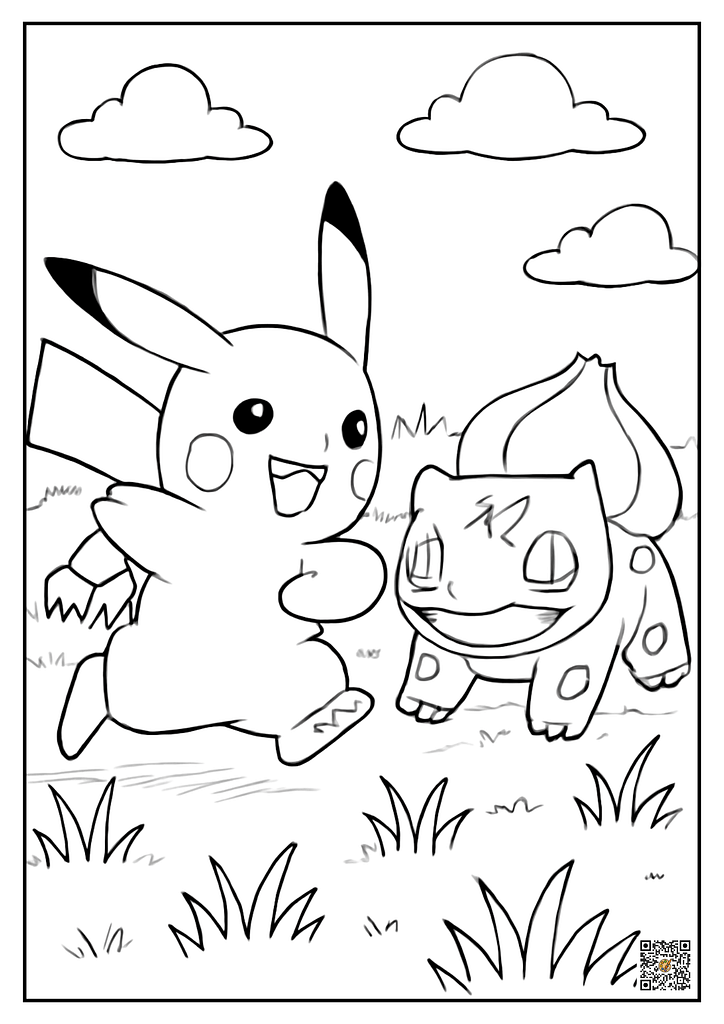 Pikachu and Bulbasaur playing in grass field